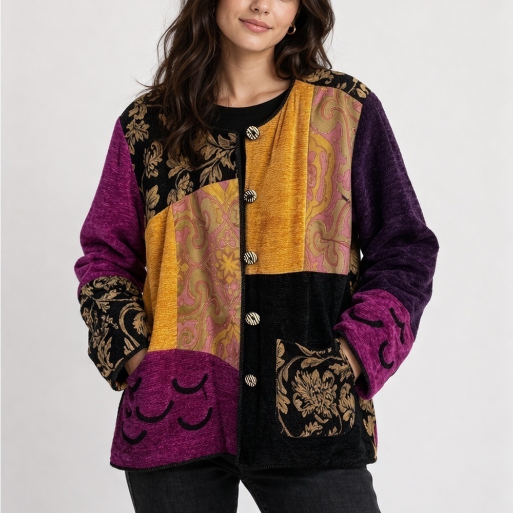 Indigo Moon Women's Purple Chenille Tapestry Jacket Size 1X Patchwork Artwear